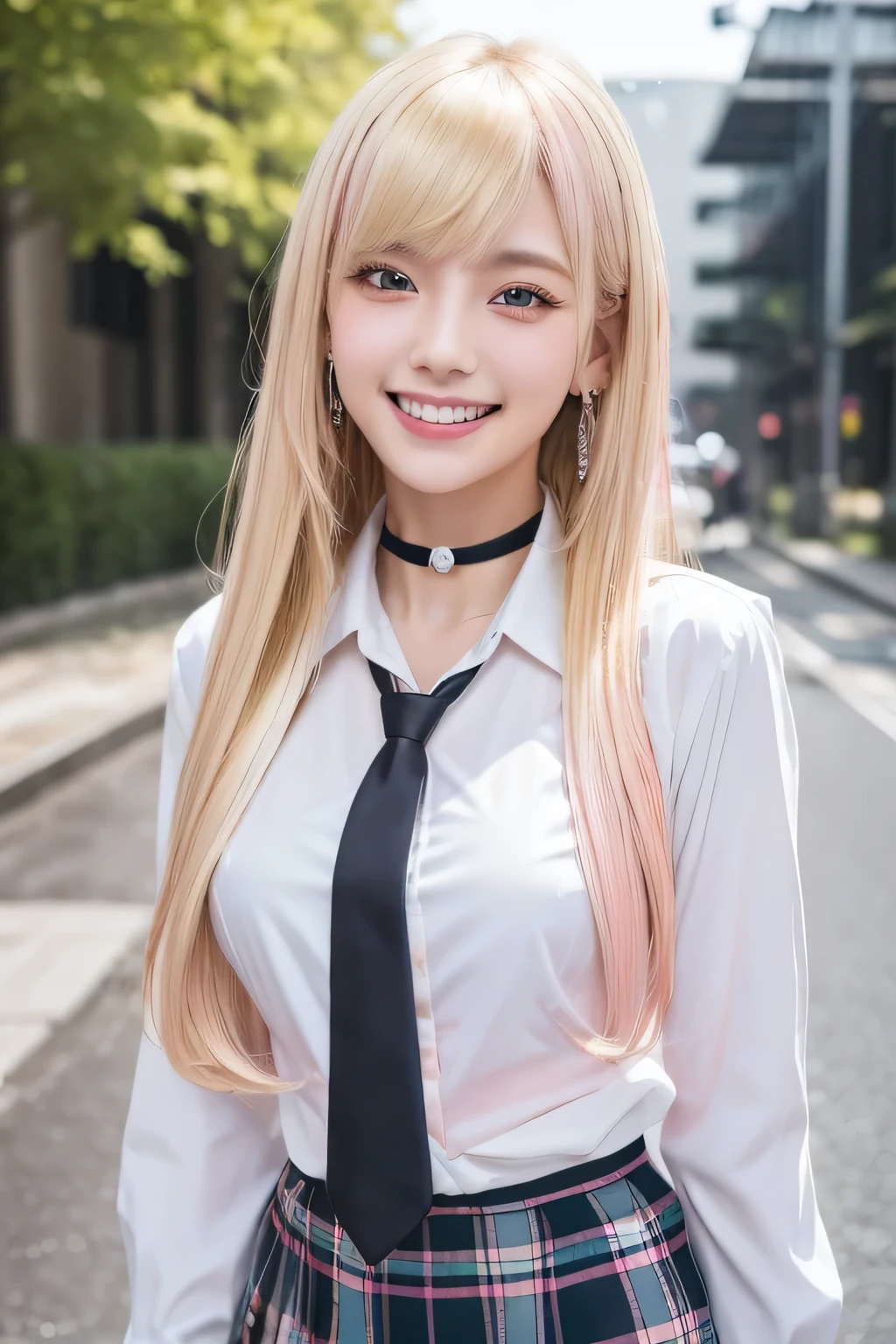 mix 4, (8K, RAW photo, highest quality, masterpiece: 1.45), (realistic, photorealistic: 1.37), Kitagawa Marine, (blonde hair, pink gradient hair:1.5), ((long hair:1.5, Sink bangs,colorful hair, red eyes)),(((indian style)))、japanese woman, 16 years old,high school student、model body shape, (big breasts:1.1), thin waist, beautiful face, beautiful eyes, , jewelry,earrings, white shirt, Tied shirts, black choker, blue tie, plaid skirt, white panties、grin and laugh, smile, Are standing, cowboy shot, schoolyard、hight school, 1 girl, alone, detailed face and eyes, upper body photo. realistic, realistic.MarinGyaru,school_uniform