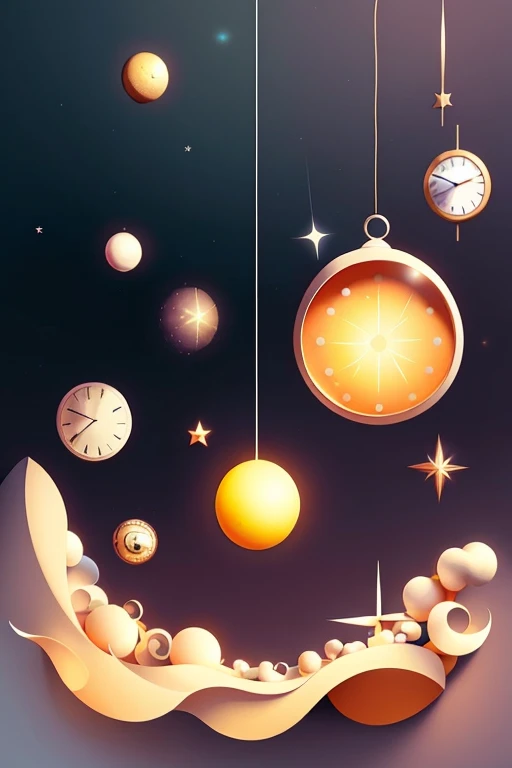 Minimalistic Surrealism Scene: A Single, Radiant Star Floats in the Void, Surrounded by an Infinite Array of Empty Clocks, Hanging Mid-Air, Ticking Away the Unknown Passage of Time.