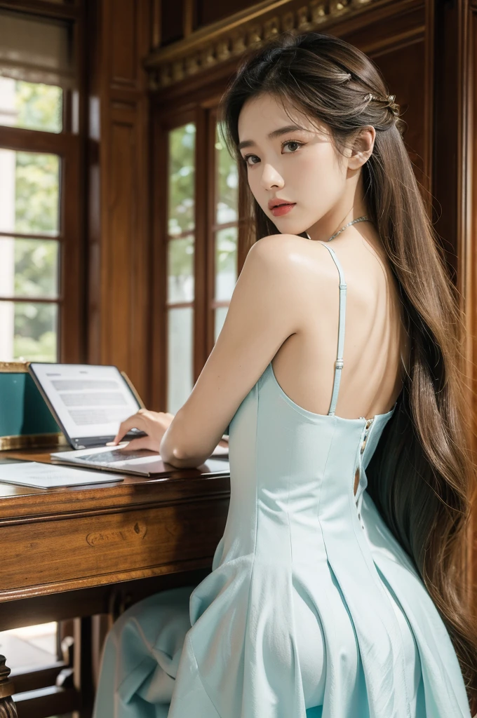 (((best quality))),(((ultra detailed))),(((masterpiece))),illustration,1girl,high school girl,solo,slim,thin,summer,sunshine,luxurious classroom,anticipation,beautiful,elegant,desk,college application form,sleeveless dress,light blue,summer sky,delicate floral pattern,shoulder length straight hair,sunlight,shimmering aura,fair skin,smooth skin,deep green eyes,luxury,plush leather chairs,richly patterned walls,state-of-the-art technology,open windows,summer breeze,freshly mown grass,distant bird songs,graceful movements,precise movements,serene face,focus,determination,dreams,aspirations,journey,fulfill academic goals,portrait,resilience,hope,future,courage,confidence,from back,upper body,bare back,towering hips,butt crack