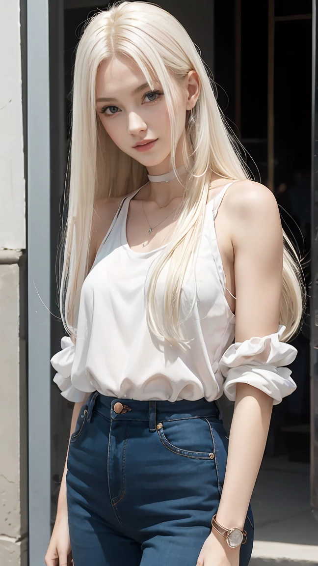 22 year old white female、Hair color is platinum blonde、very blue eyes, shinig eyes, long hair、straight hair、accessories on wrist、I'm wearing a choker、skin is smooth、smile、Slender but muscular body、My heart is pounding、smile、wearing a plunging neck dress、wearing red high heels、Sitting in the middle of the stone steps in the old town, resting on his chin.