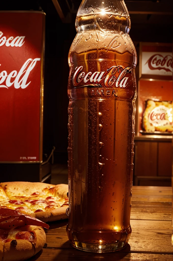 Image for restaurant menu, pepperoni pizza, Coca-Cola bottle next to it studio lighting, cinematic