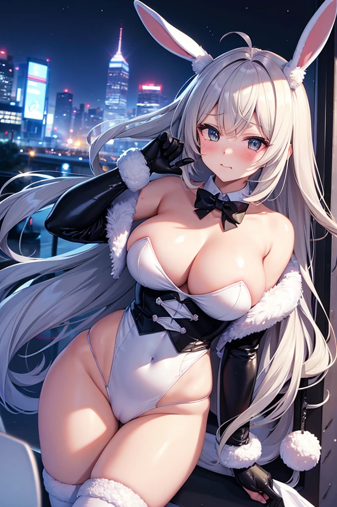 masterpiece, High resolution ,Awesome fluffy bunny suit,Embarrassed face,I was so panicked.,Blushing,Obscene pose,sexy glamorous body,,Futuristic midnight downtown cityscape