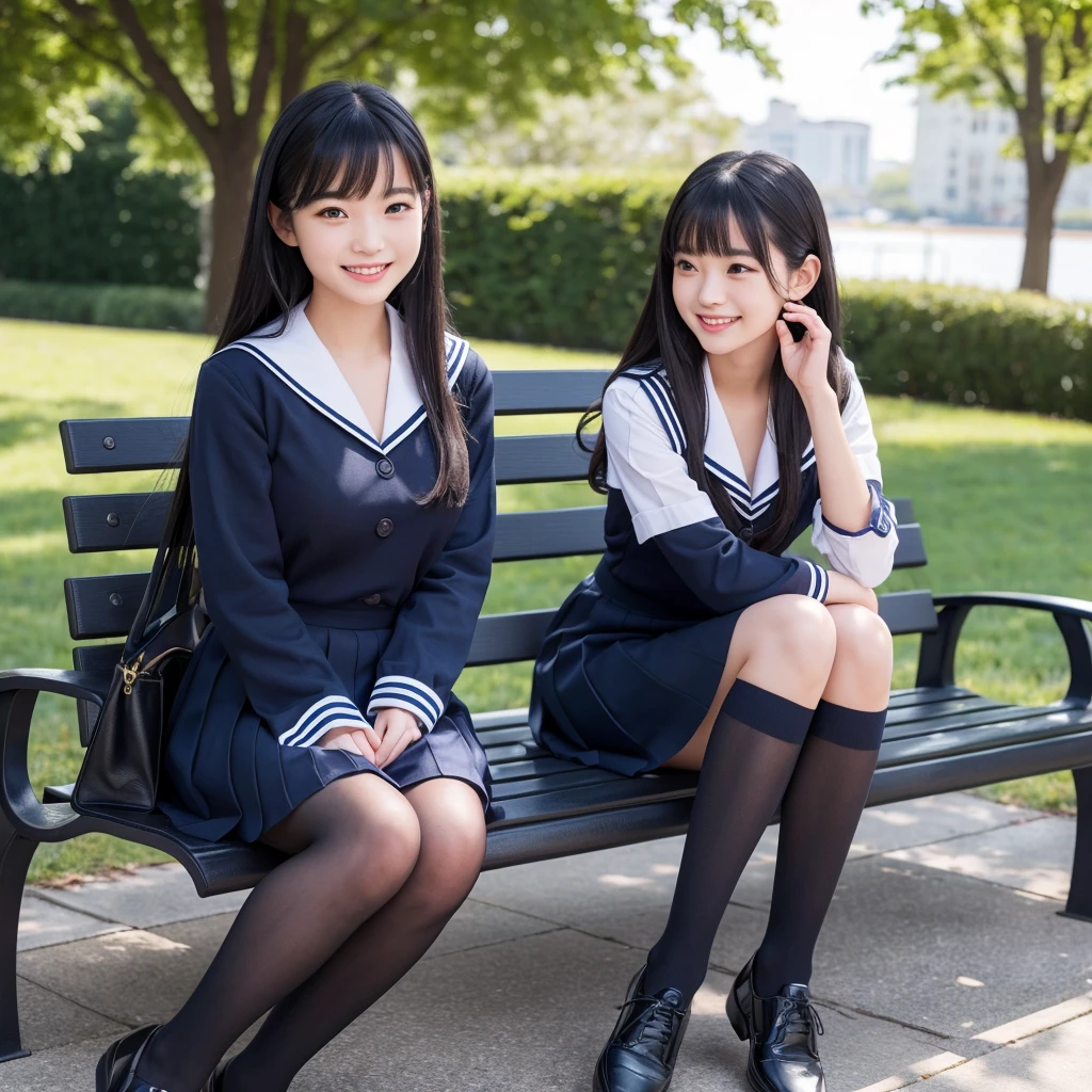 a girl with long black hair wearing a navy blue sailor uniform, black tights, and leather shoes, sitting on a bench and smiling, (best quality,4k,8k,highres,masterpiece:1.2),ultra-detailed,(realistic,photorealistic,photo-realistic:1.37),1girl,beautiful detailed eyes,beautiful detailed lips,extremely detailed eyes and face,longeyelashes,sitting on a bench,navy blue sailor uniform,black tights,leather shoes,long black hair,smiling,outdoor scene,sunlight,detailed background,intricate details