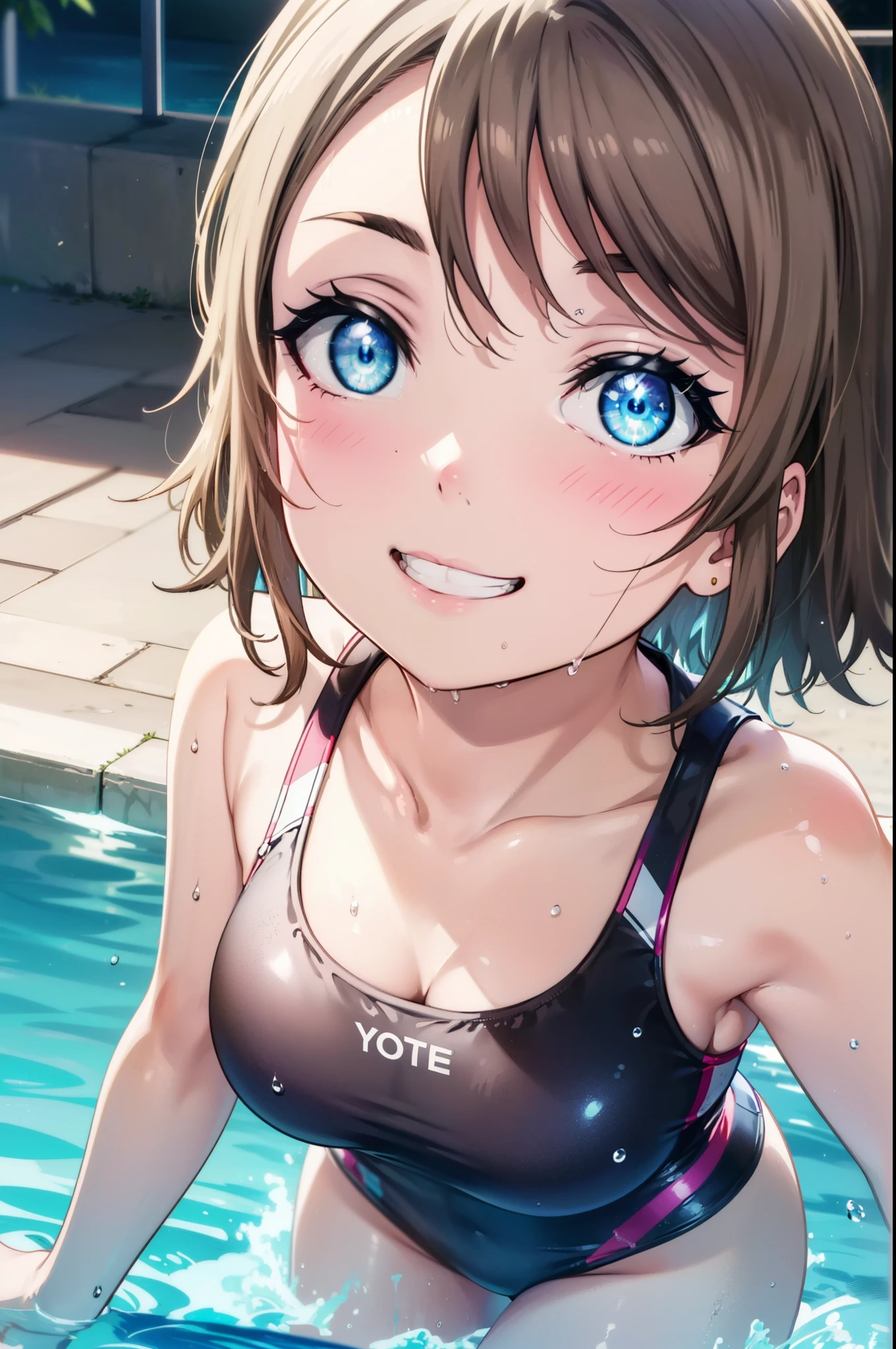 Yo Watanabe, Issei Watanabe, short hair, blue eyes, Brown Hair, smile, Grin,Swimsuit,barefoot,whole bodyがイラストに入る,Wet Hair,Wet swimsuit,Wet Skin,Walking,
break outdoors, プール
break looking at viewer, whole body,
break (masterpiece:1.2), Highest quality, High resolution, unity 8k wallpaper, (shape:0.8), (Beautiful attention to detail:1.6), Highly detailed face, Perfect lighting, Extremely detailed CG, (Perfect hands, Perfect Anatomy),