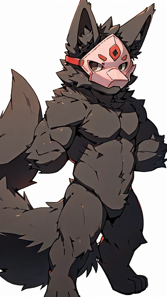 male，cute，puros，mask，Black fur，individual，whole body，illustration，Fluffy tail，big ear，illustration，game character，Blush，Lean body type，Abdominal muscles，pink paw pads