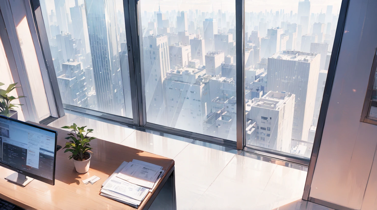 ((best quality)), ((masterpiece)), (detailed), office, president's office, floor-to-ceiling windows, top-down view scene,Potted plants,There is a computer and documents on the desk, an anime scene,the wooden floor,,, glowing, best quality, high details, epic, dramatic, cinematic lighting, detailed textures, (masterpiece, best quality:1.2)