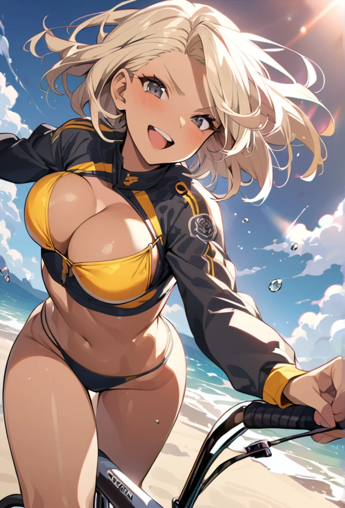 (anime style),masterpiece, best quality, extremely detailed,16Year old,tanned skin,dark skin, Beautiful body,glamour breasts,bouncing_breasts,BREAK,multicolored colorful blonde hair,short hair,hair slicked back,BREAK,black eyes,happy smile,open mouth,eyes widen,happiness
smile face,detailed lips,open legs,BREAK,cotton black big ribbon,BREAK,yellow hanging bikini,break,head tilt,aggressive approach,beach side,ride on cycle,