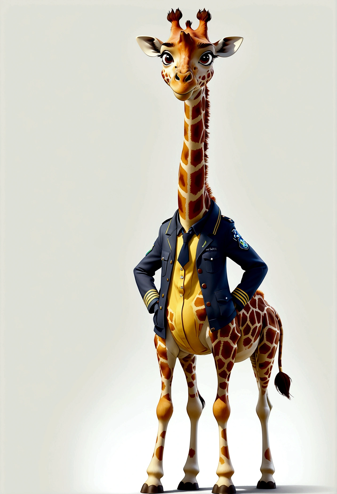 独奏,Giraffe in courier uniform,Standing,Long neck, Zootopia style, movie Features, Zootopia movie style, Zootopia style, looking heckin cool and stylish, in Zootopia style, 迪士尼疯狂Zootopia style, mob_Features Giraffe stylized, Anthropomorphic hard work gets the giraffe, Multiple poses and expressions, 4 positions, whole body, White background, tall