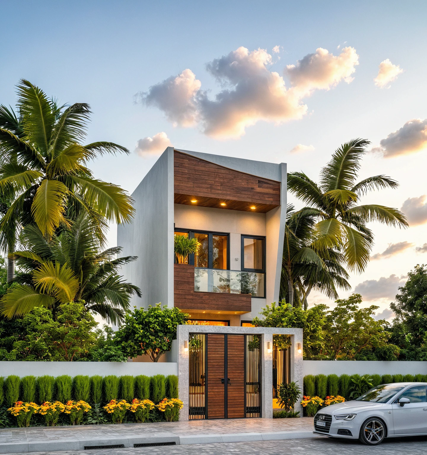 Masterpiece, high-end, best quality, authentic, super detailed, outdoor, aiaigroup, modern 2-storey townhouse, stairs, white walls combined with wood, wind encaustic tiles, iron gate, conwood ceiling, flowers , path, summer evening, grass, trees, sky, clouds, (daylight: 1.1)