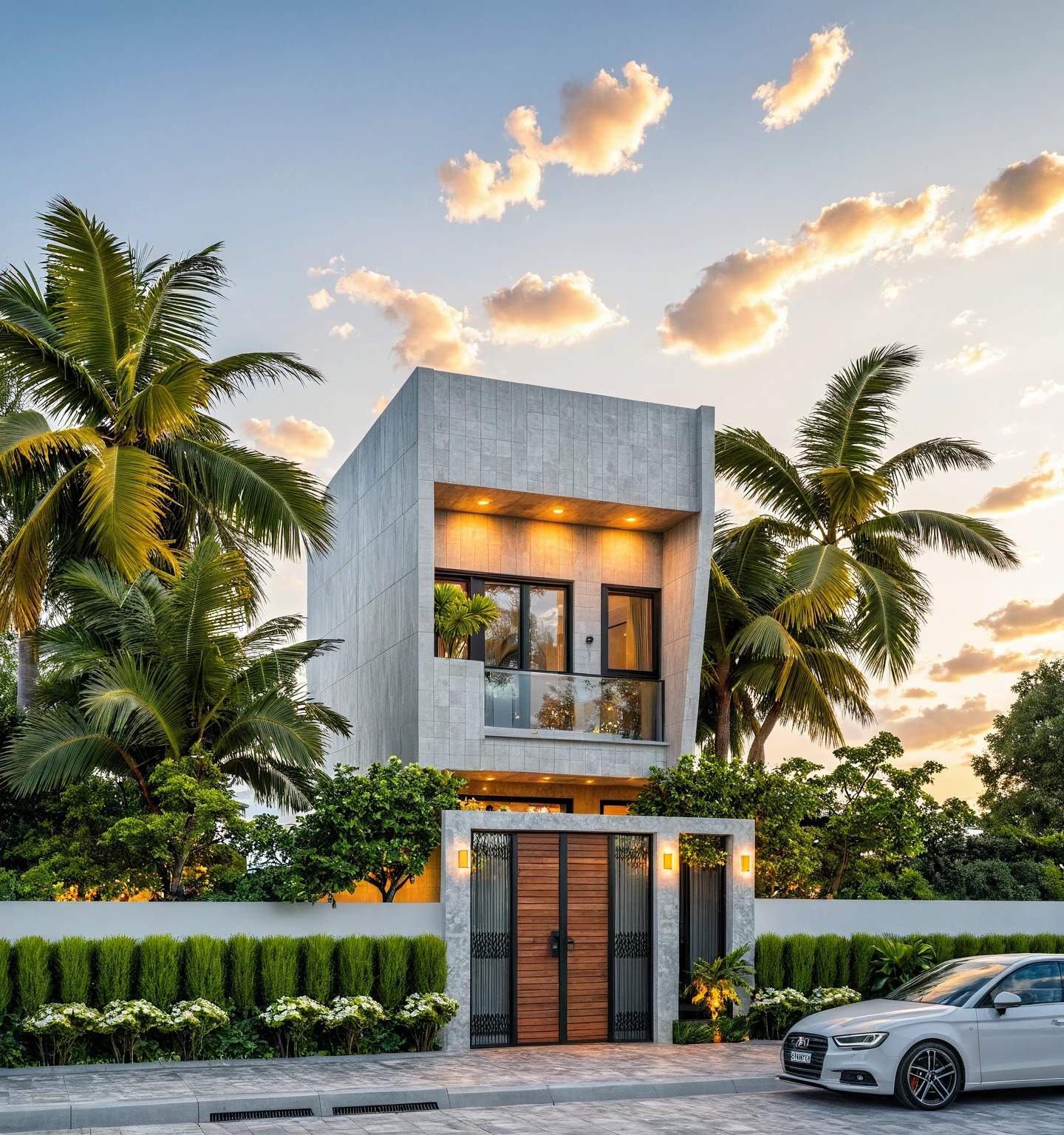 Masterpiece, high-end, best quality, authentic, super detailed, outdoor, aiaigroup, modern 2-storey townhouse, stairs, white walls combined with wood, wind encaustic tiles, iron gate, conwood ceiling, flowers , path, summer evening, grass, trees, sky, clouds, (daylight: 1.1)