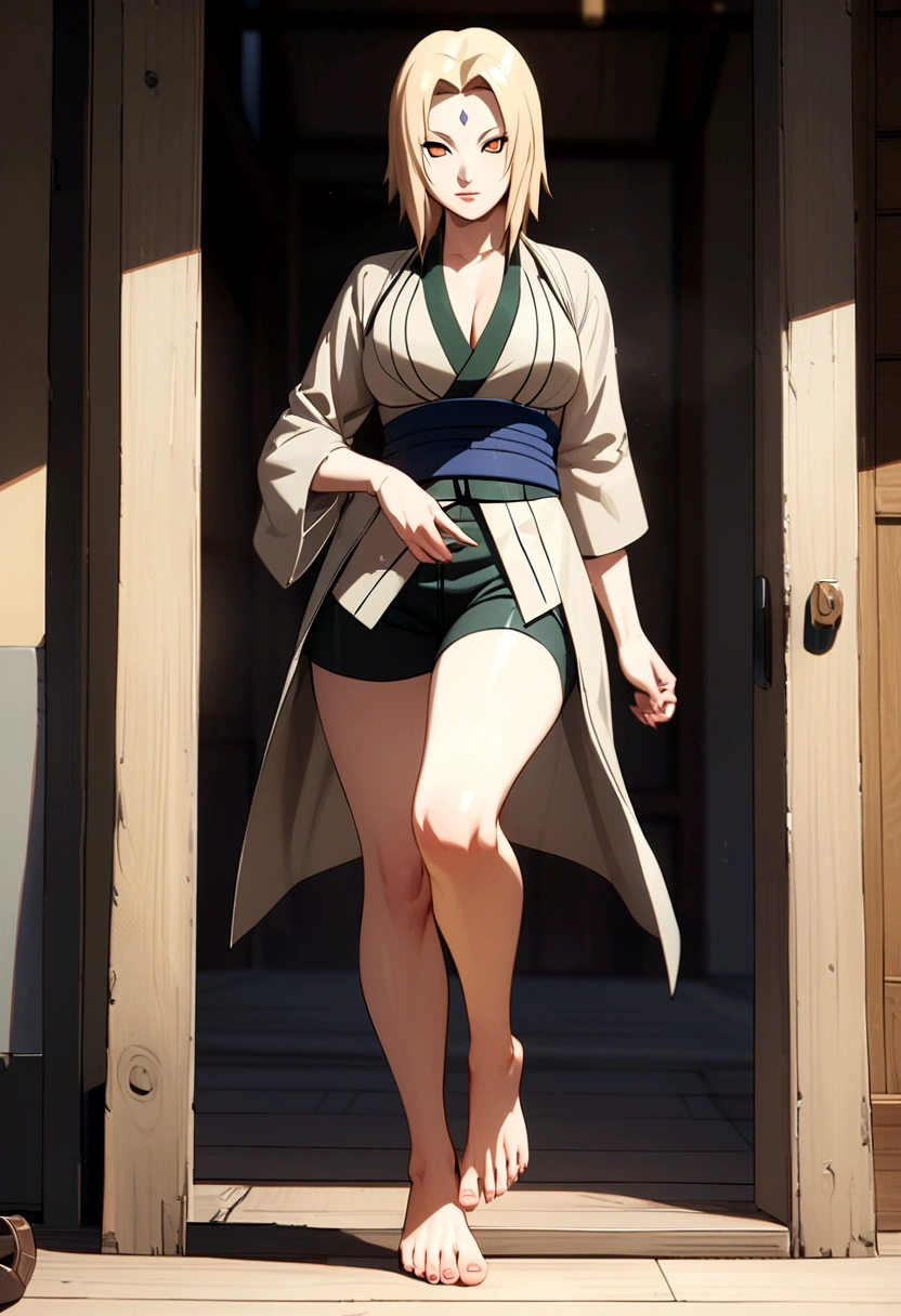 tsunade from naruto, white shirt, shorts, full body, perfect detailed feet, whole foot.