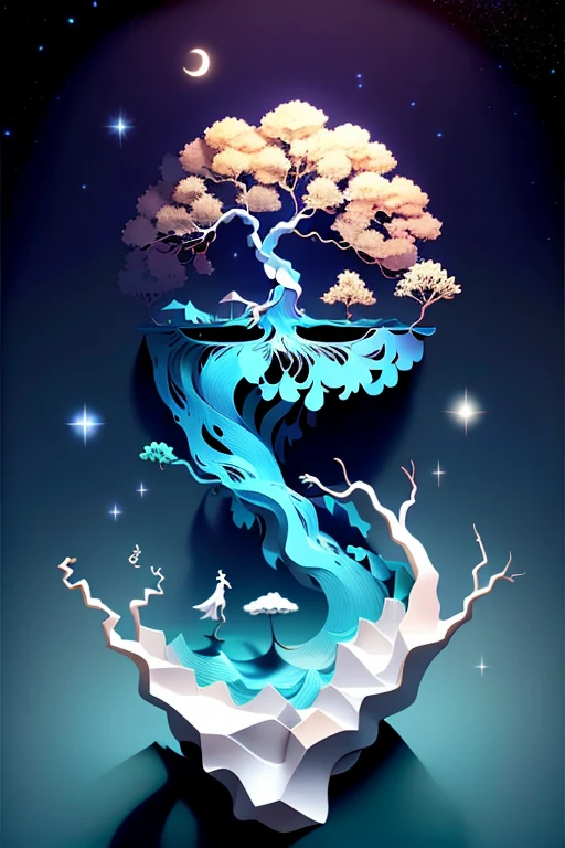 Minimalistic Surrealism - A solitary, ethereal tree floats within an endless expanse of azure, its roots delving into a shimmering, swirling vortex that defies gravity. The tree's branches twist into intricate patterns, bearing hollow, translucent leaves that echo the cosmos beyond. A single, ghostly moon hangs in the distance, its face etched with the passage of time, adding a touch of mystery to this dreamlike scene. The stillness is broken by the occasional, soft glow of distant stars, their radiation creating delicate patterns of light that dance upon the water's surface. This minimalistic surrealism conjures a sense of wonder, transcending