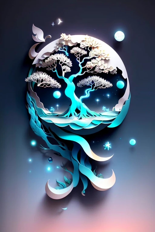 Minimalistic Surrealism - A solitary, ethereal tree floats within an endless expanse of azure, its roots delving into a shimmering, swirling vortex that defies gravity. The tree's branches twist into intricate patterns, bearing hollow, translucent leaves that echo the cosmos beyond. A single, ghostly moon hangs in the distance, its face etched with the passage of time, adding a touch of mystery to this dreamlike scene. The stillness is broken by the occasional, soft glow of distant stars, their radiation creating delicate patterns of light that dance upon the water's surface. This minimalistic surrealism conjures a sense of wonder, transcending