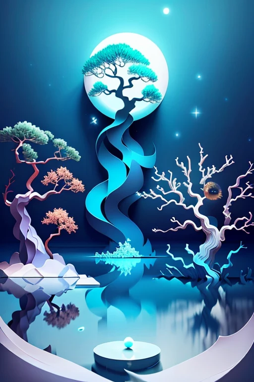 Minimalistic Surrealism - A solitary, ethereal tree floats within an endless expanse of azure, its roots delving into a shimmering, swirling vortex that defies gravity. The tree's branches twist into intricate patterns, bearing hollow, translucent leaves that echo the cosmos beyond. A single, ghostly moon hangs in the distance, its face etched with the passage of time, adding a touch of mystery to this dreamlike scene. The stillness is broken by the occasional, soft glow of distant stars, their radiation creating delicate patterns of light that dance upon the water's surface. This minimalistic surrealism conjures a sense of wonder, transcending