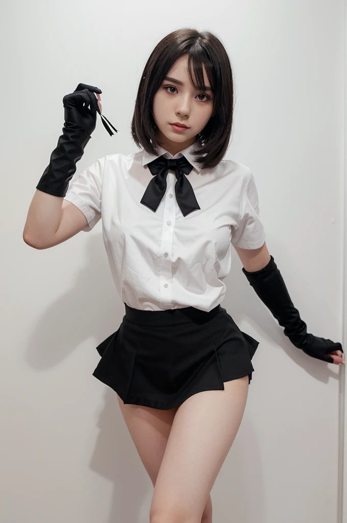 A female anime, cool face, white background, wearing a half white shirt, wearing a black tie, wearing small black gloves, black mini skirt, black shoes