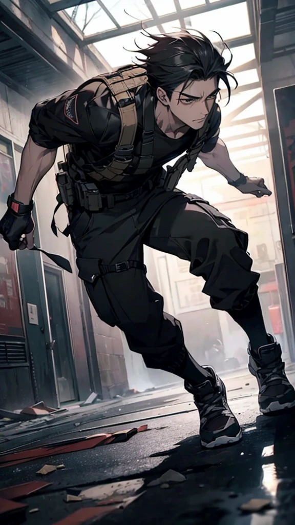 A strong and athletic man named Xiang Long is inside a modern, abandoned building, suited for a survival game. He is dressed in a tactical workout outfit consisting of a fitted, moisture-wicking shirt and durable cargo pants that allow for maximum movement. His shoes are rugged and designed for agility. Xiang Long's hair is styled for practicality, and he wears fingerless gloves for a better grip. He has a utility belt equipped with survival tools and a determined expression on his face. The background features a dimly lit hallway with flickering lights, broken windows, and scattered debris, creating a sense of imminent danger. Xiang Long looks ready and alert, prepared to tackle any challenge in this high-stakes environment