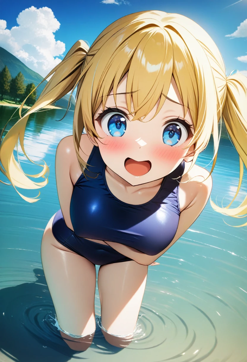1girl, floating on water, medium breasts, red school swimsuit, silly face, blue eyes, blonde hair, long pigtails, lake, masterpiece quality, ultra HD, 4K, best quality, 