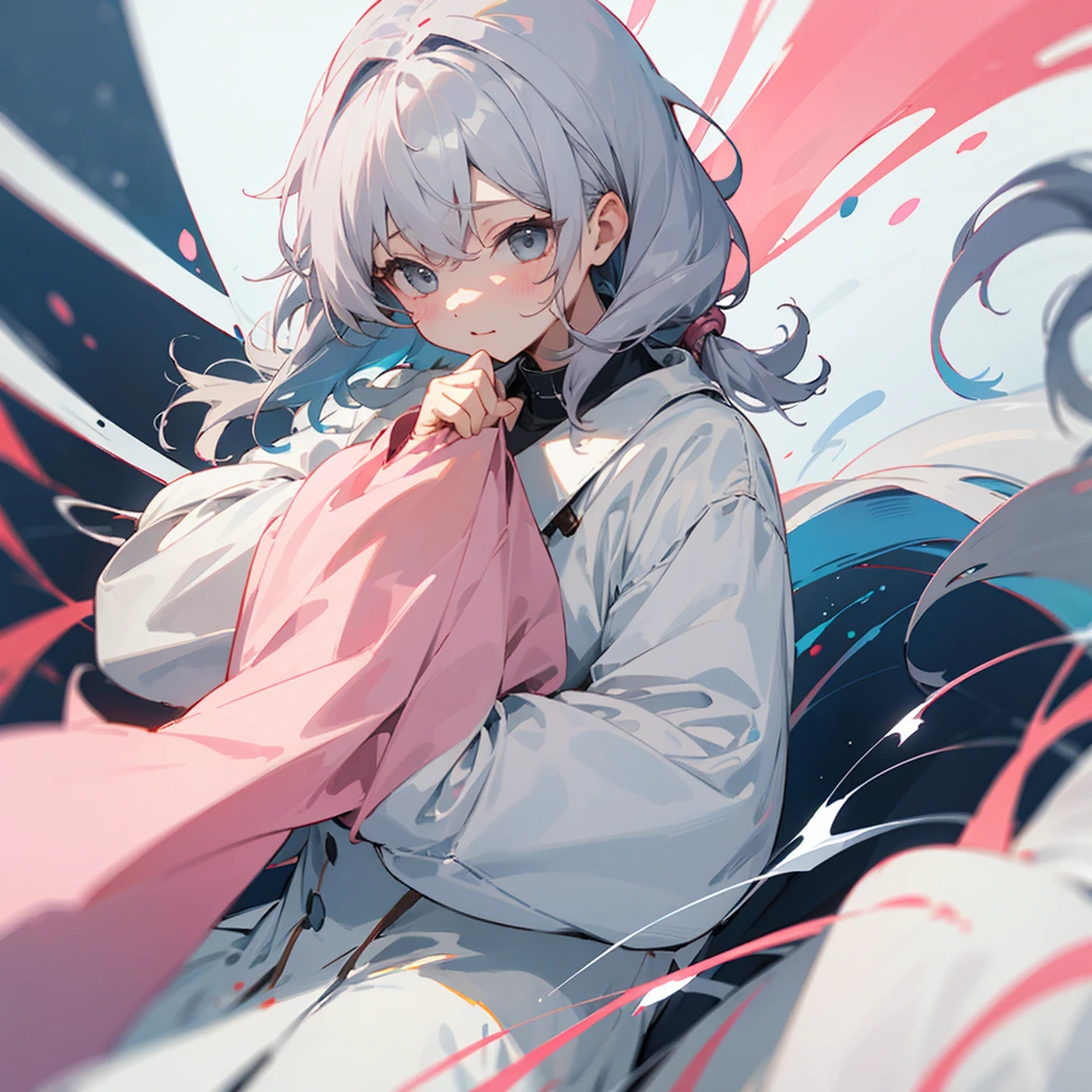 Girl、Gray Hair、Light Pink、white collar、cute、Thin lineoe sleeves、Hands are hidden。