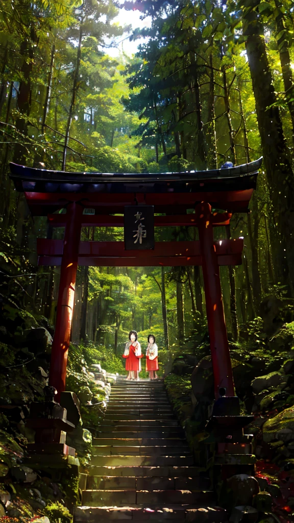 Praying in sacred nature: In the forest and streams、Draw a beautiful shrine maiden offering a prayer.。