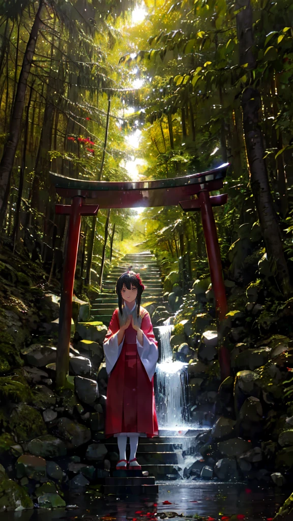 Praying in sacred nature: In the forest and streams、Draw a beautiful shrine maiden offering a prayer.。