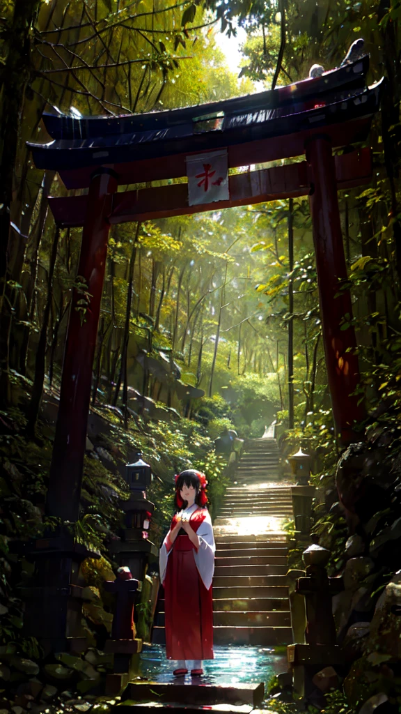 Praying in sacred nature: In the forest and streams、Draw a beautiful shrine maiden offering a prayer.。