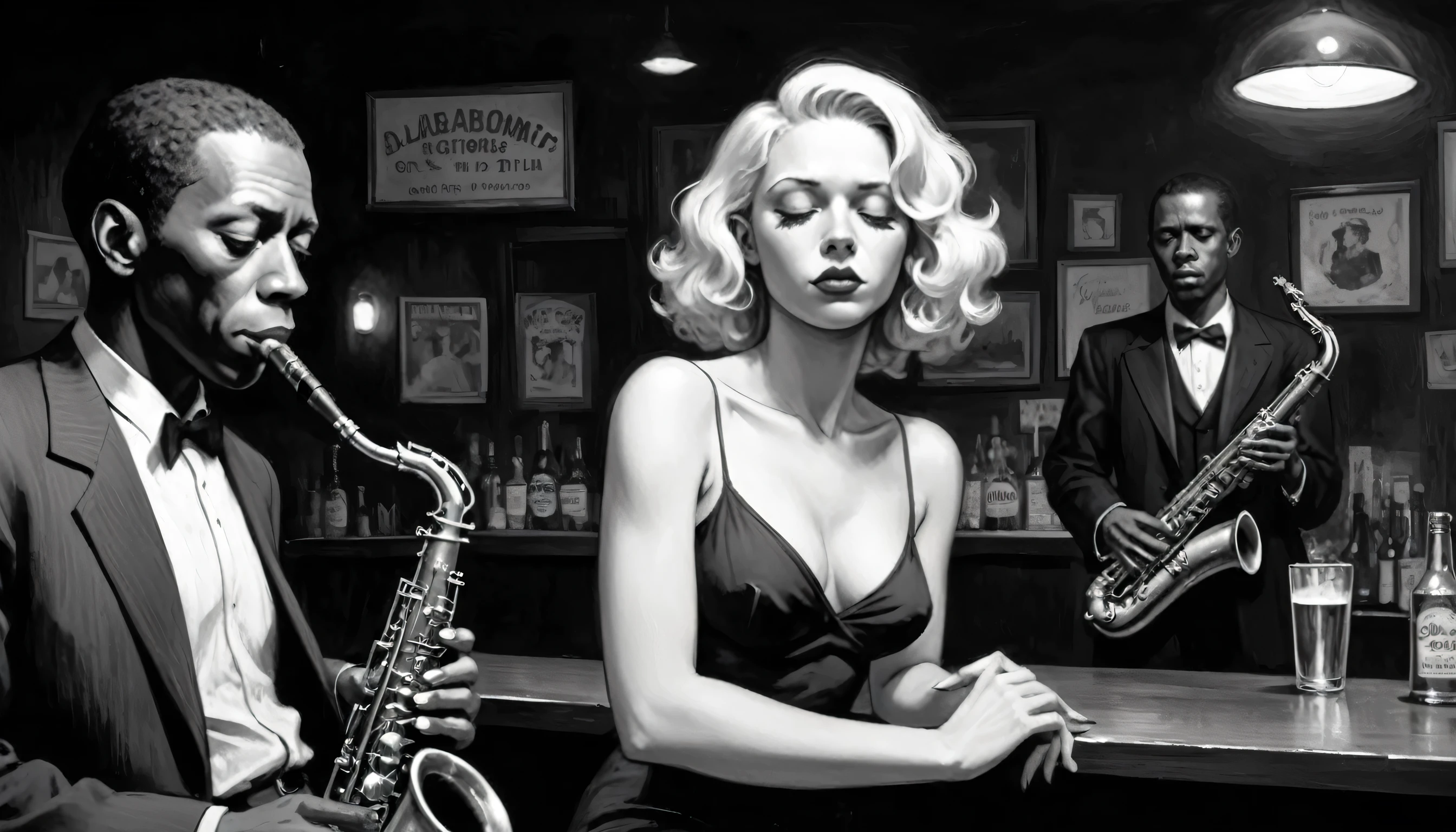 robert johnson, gritty, alabama bar, blue note, charismatic , illustration, noir fantasy, lone blonde lady, sad ending, saxophonists