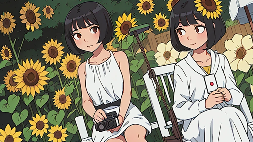 (1girl), indonesian, 20th age, beautiful, white skin, thin chin, white gown, sitting on a swing, body facing camera, black hair, short wave hair, anime style, sunflower garden background, anime style