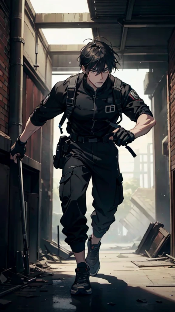 A strong and athletic man named Xiang Long is inside a modern, abandoned building, suited for a survival game. He is dressed in a tactical workout outfit consisting of a fitted, moisture-wicking shirt and durable cargo pants that allow for maximum movement. His shoes are rugged and designed for agility. Xiang Long's hair is styled for practicality, and he wears fingerless gloves for a better grip. He has a utility belt equipped with survival tools and a determined expression on his face. The background features a dimly lit hallway with flickering lights, broken windows, and scattered debris, creating a sense of imminent danger. Xiang Long looks ready and alert, prepared to tackle any challenge in this high-stakes environment