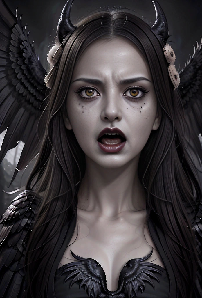 a close up of a person with a bird on their head, harpy, harpy woman, satanic wings, intense black line art, intense line art, screaming. not realistic, nightmare digital art, portrait of the death angel, artistic drawing of a crow, dark outlines, scary angry pose, dark but detailed digital art, anger. hyper detailed