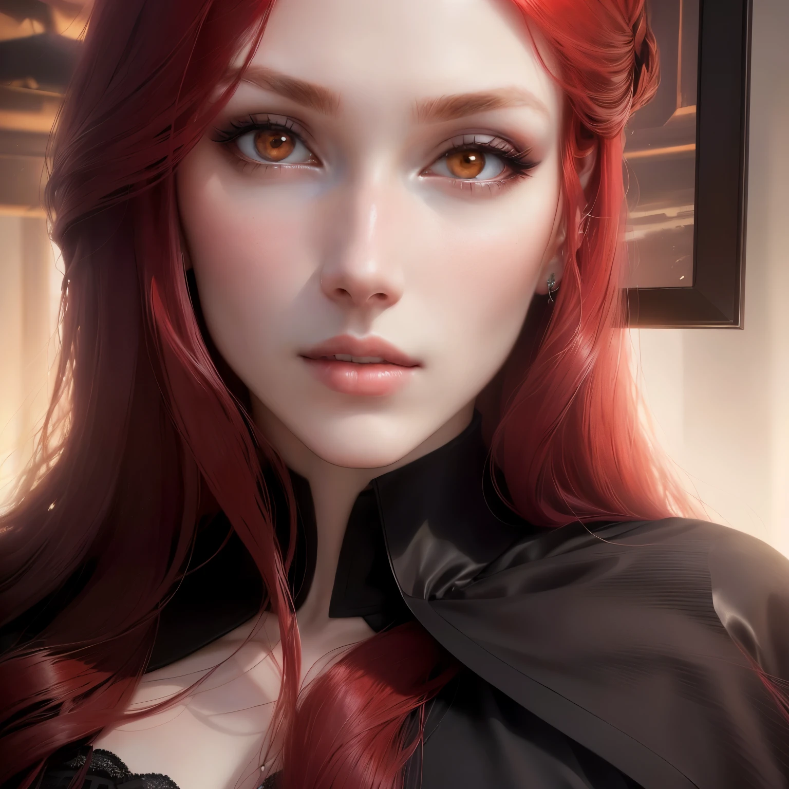 a close-up of a woman with long red hair and a black blouse, amaranth, better known as amaranth, smooth red skin, smooth, pale, flawless skin, jaw dropping beauty, natural soft pale skin, sexy face with full makeup, young beautiful amaranth, Extremely beautiful face, closeup impressionante, headshot, with pale skin, soft portrait photographed in 8k