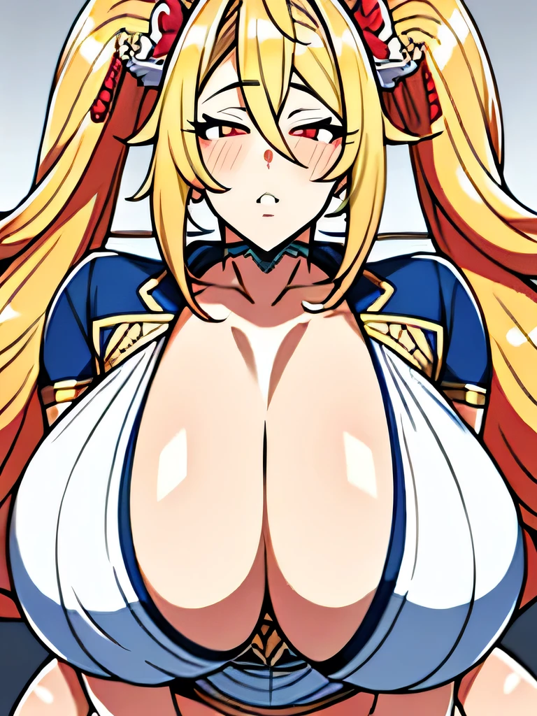 masterpiece:1.2, (best quality), realistic, (real picture, intricate details, depth of field), (1girl, solo), make up, parted lips, highly-detailed, perfect face,
(huge breasts:1.8), (skindentation), thick thighs, wide hips, attractive waist, tall, glossy coral lips, moderate musculature, toned abdomen, beautiful navel, 
(twintails honey blond hairs:1.2), (beautiful bright coral orange eyes), 
sexy, blushing, Massive Cleavage, Disproportional tits, hanging breasts, Queen, Crown
