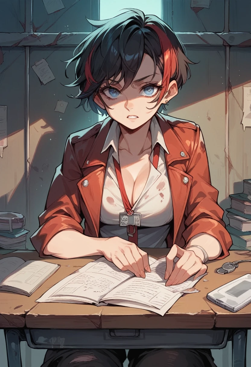 dark - comic-style:post-apocalyptic; in an old hospital there is a desk and a girl with black short hair and a red stripe on her hair and blue eyes, wearing leather clothes, she is programming in hurry something on her laptop 