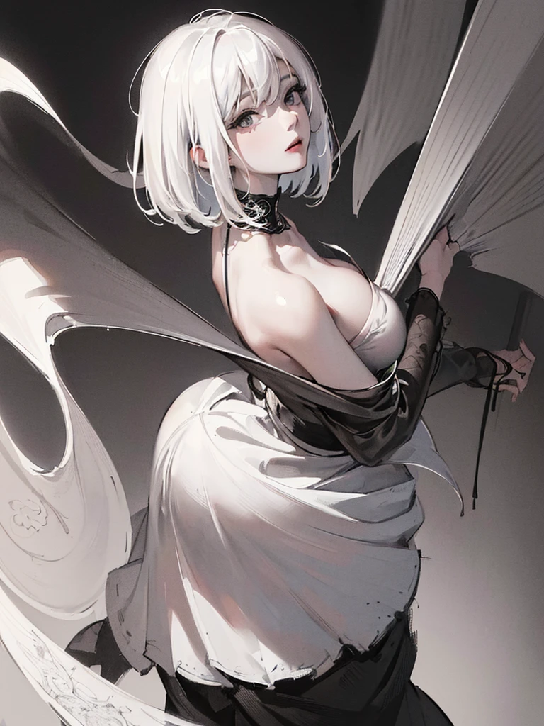 ((monochrome))((masterpiece:1.5,Highest quality,Highly detailed images,Beautiful images、Realistic、Sketch、2.5D、Ink Painting、Portraiture))(1girl, 独奏)(medium breasts, white hair、bob hair)(profile, floating hair)(Plain background)
