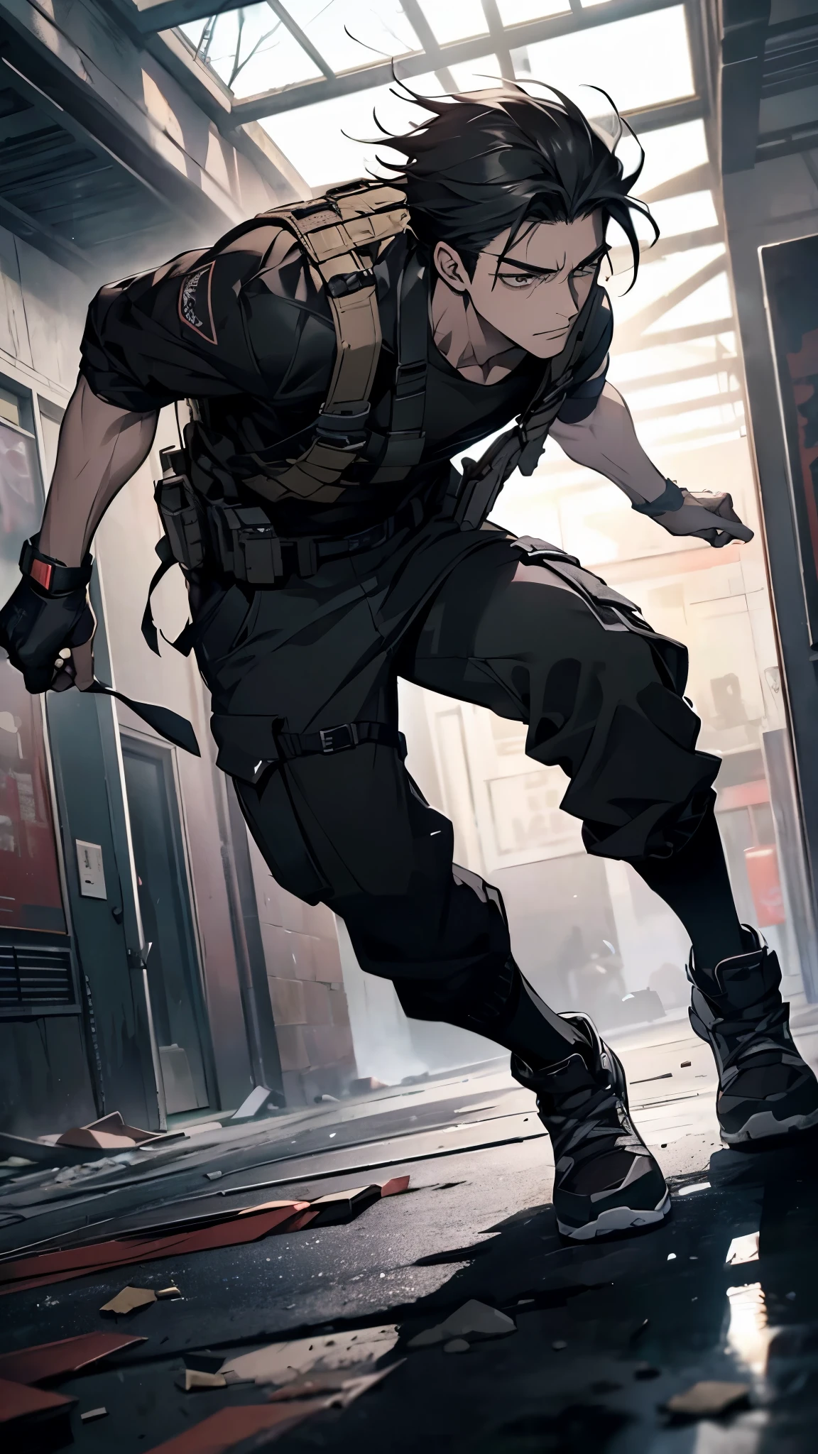 A strong and athletic man named Xiang Long is inside a modern, abandoned building, suited for a survival game. He is dressed in a tactical workout outfit consisting of a fitted, moisture-wicking shirt and durable cargo pants that allow for maximum movement. His shoes are rugged and designed for agility. Xiang Long's hair is styled for practicality, and he wears fingerless gloves for a better grip. He has a utility belt equipped with survival tools and a determined expression on his face. The background features a dimly lit hallway with flickering lights, broken windows, and scattered debris, creating a sense of imminent danger. Xiang Long looks ready and alert, prepared to tackle any challenge in this high-stakes environment