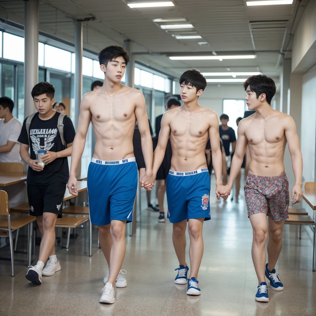 Korean  guy, topless,shirtless,wearing a ironman pattern underwear ,skinny fat body walking  in university canteen ,backpack , younger brother holding hands walking together with his big brother , multiple people in background , blue sneakers