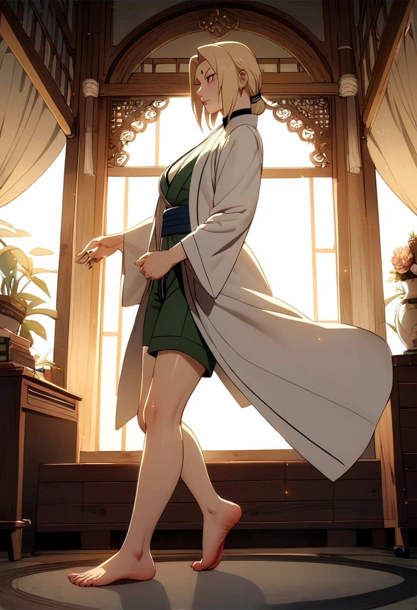 tsunade from naruto, white shirt, shorts, full body, perfect detailed feet, whole foot.