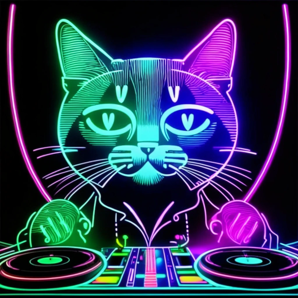 DJ cat art,Neon-like line drawings,The whole body is shown,Club-like space,He&#39;s wearing headphones and enjoying the music.