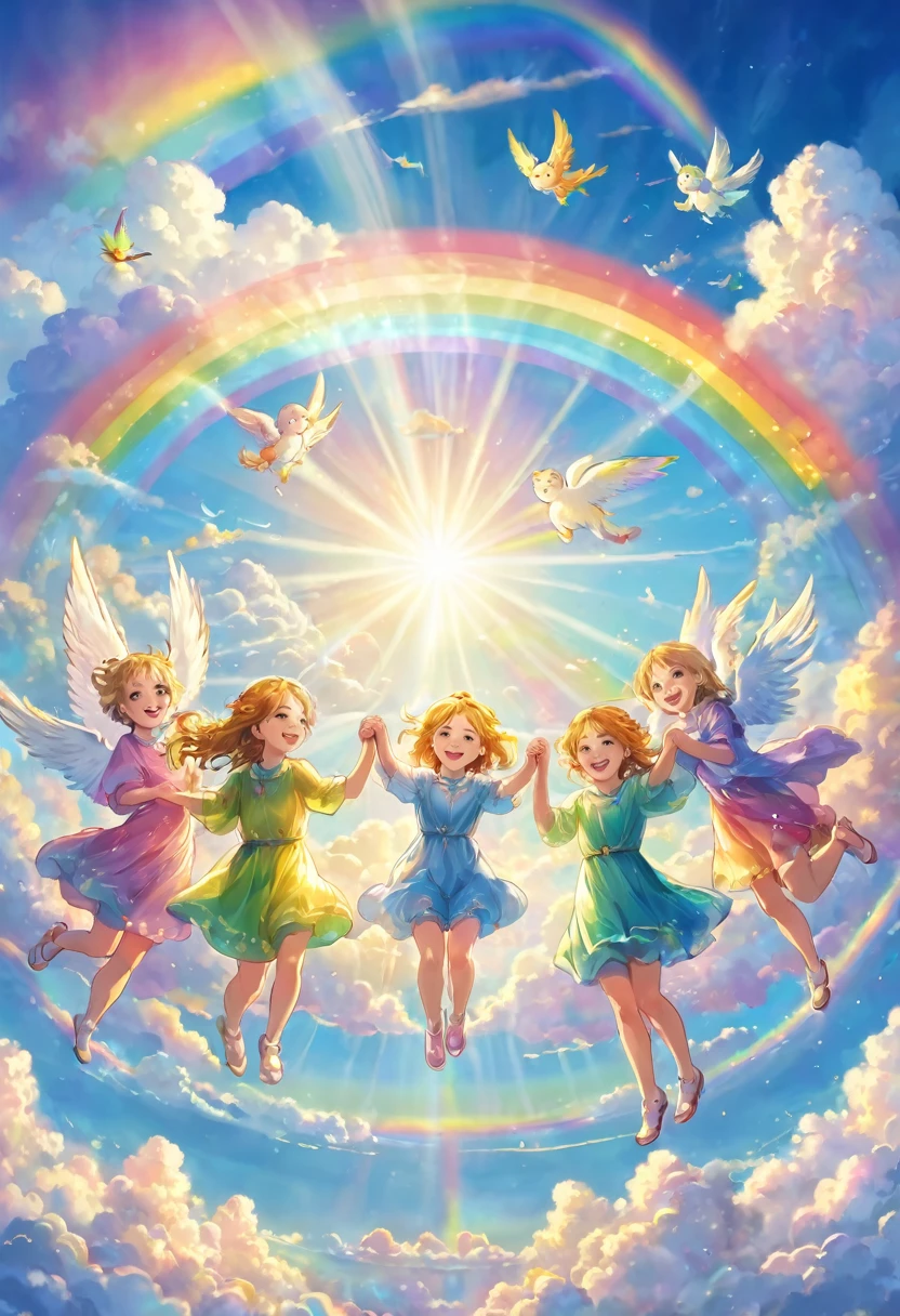 Angels holding hands and flying in a circle with smiles, joy, sky, above the clouds, big rainbow light