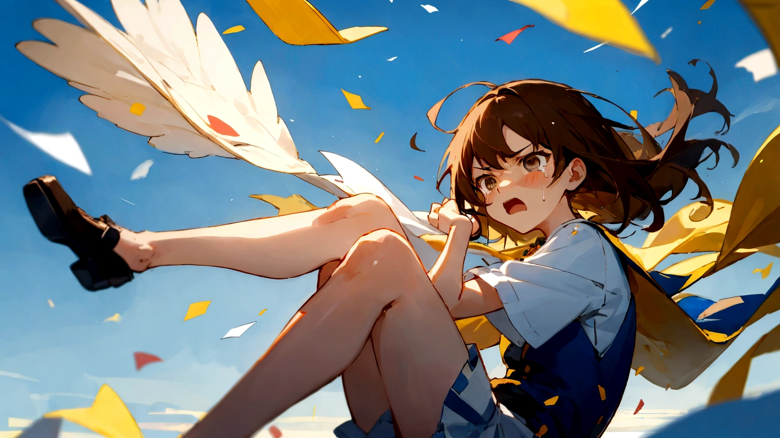 ((Highest quality)), ((masterpiece)), ((Very detailed)),Floatingする女の子,Angry expression，floating，Floating，Confetti，Brown Hair,tears,Levitating,Blue sky background,Feet in the air,tears,gravity,Long skirt,loafers,Raise both hands,beautiful fingers,beautiful hands,fingertip,nail,arms behind back