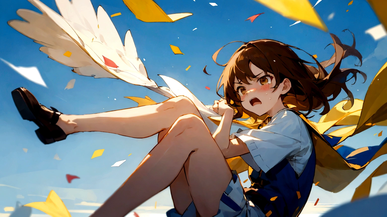 ((Highest quality)), ((masterpiece)), ((Very detailed)),Floatingする女の子,Angry expression,floating,Floating,Confetti,Brown Hair,tears,Levitating,Blue sky background,Feet in the air,tears,gravity,Long skirt,loafers,Raise both hands,beautiful fingers,beautiful hands,fingertip,nail,arms behind back