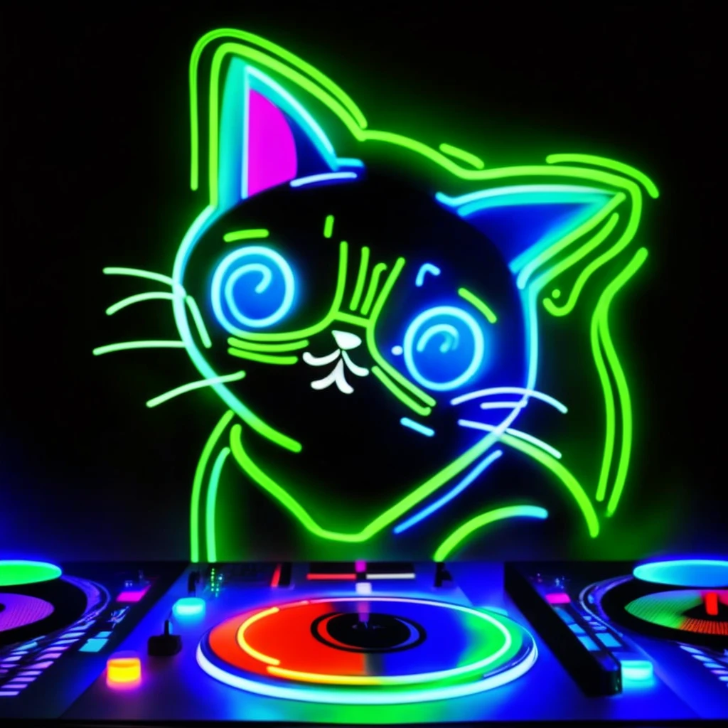 DJ cat art,Neon-like line drawings,The whole body is shown,Club-like space,He&#39;s wearing headphones and enjoying the music.