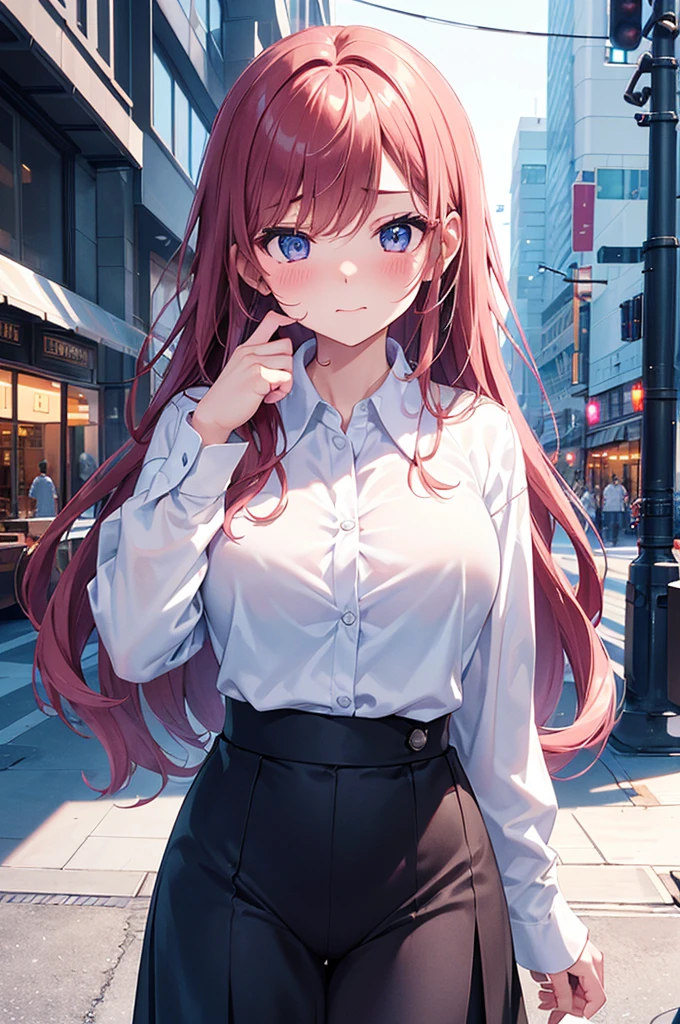 masterpiece, High resolution ,,Embarrassed face,I was so panicked.,Blushing,Obscene pose,sexy glamorous body,,Futuristic midnight downtown cityscape(((Pixel Perfect, Perfect in every detail))), alone, One girl, Chizuru Ichinose, big , (White collared shirt :1.3), View your viewers, Upper Body: 1.0, Are standing、whole body