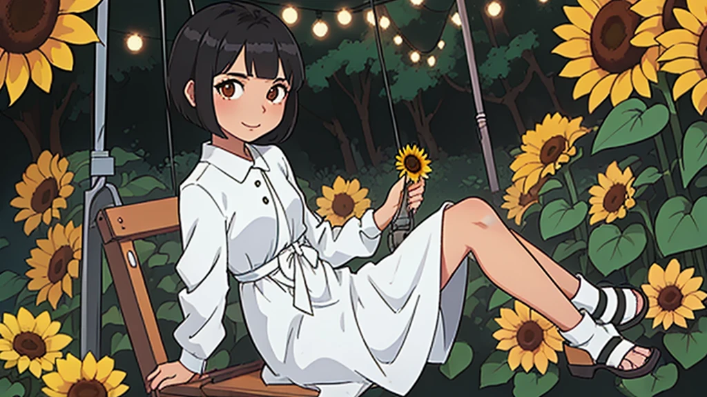 (1girl), indonesian, 20th age, beautiful, white skin, thin chin, white gown, sitting on a swing, body facing camera, black hair, short wave hair, anime style, sunflower garden background, anime style