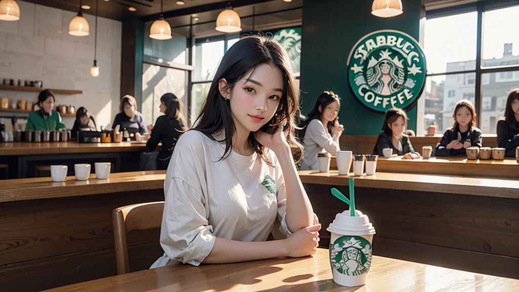 8K、RAW Photos、Highest quality、Super detailed、Super Resolution、Ultra HD、8K壁紙、Amazing details
(((Inside the Starbucks store)))、Woman sitting at a table by the window、、((((Girls' High School Uniforms))))、Eat cake、Drink coffee、smile((Emphasize cleavage))