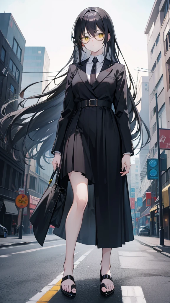 Anime Girl, Black long hair, Beautiful yellow eyes, Wearing a black suit, Dress formally, Wear round tinted sunglasses, Walk on the side of the road, high resolution, 8K