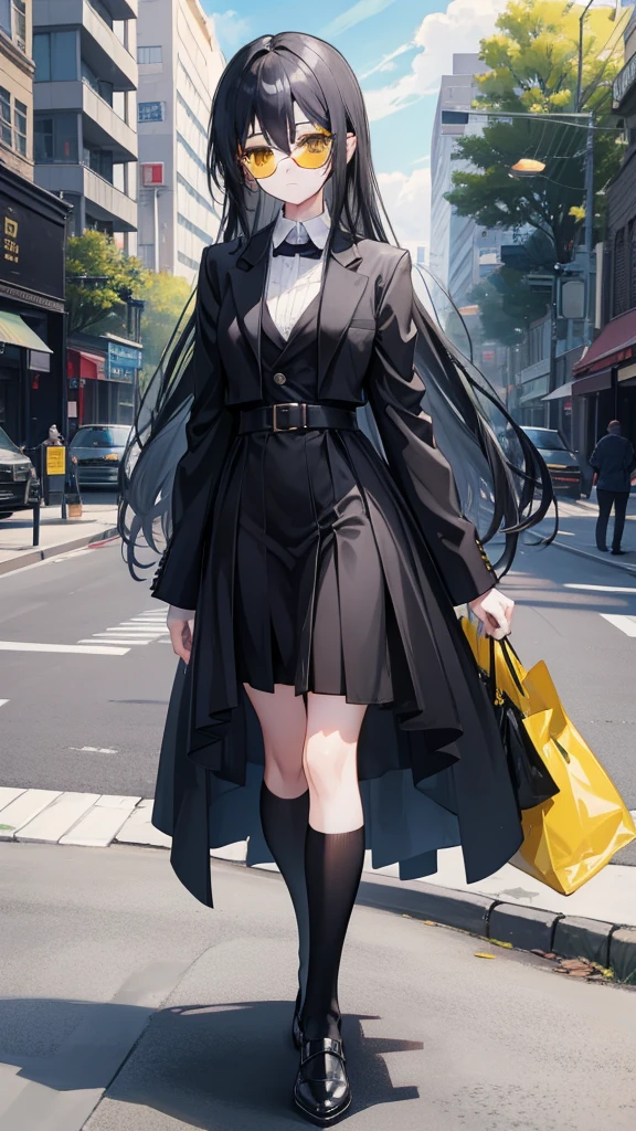 Anime Girl, Black long hair, Beautiful yellow eyes, Wearing a black suit, Dress formally, Wear round tinted sunglasses, Walk on the side of the road, high resolution, 8K