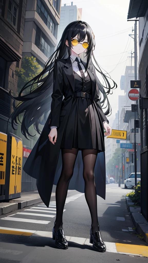 Anime Girl, Black long hair, Beautiful yellow eyes, Wearing a black suit, Dress formally, Wear round tinted sunglasses, Walk on the side of the road, high resolution, 8K