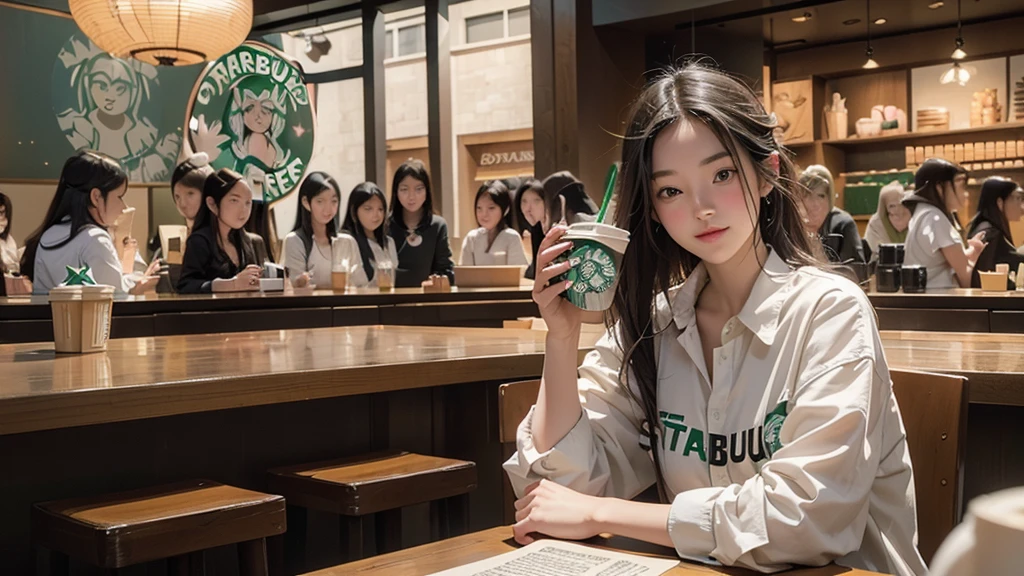 8K、RAW Photos、Highest quality、Super detailed、Super Resolution、Ultra HD、8K壁紙、Amazing details
(((Inside the Starbucks store)))、Woman sitting at a table by the window、、((((Girls&#39; High School Uniforms))))、Eat cake、Drink coffee、smile((Emphasize cleavage))
