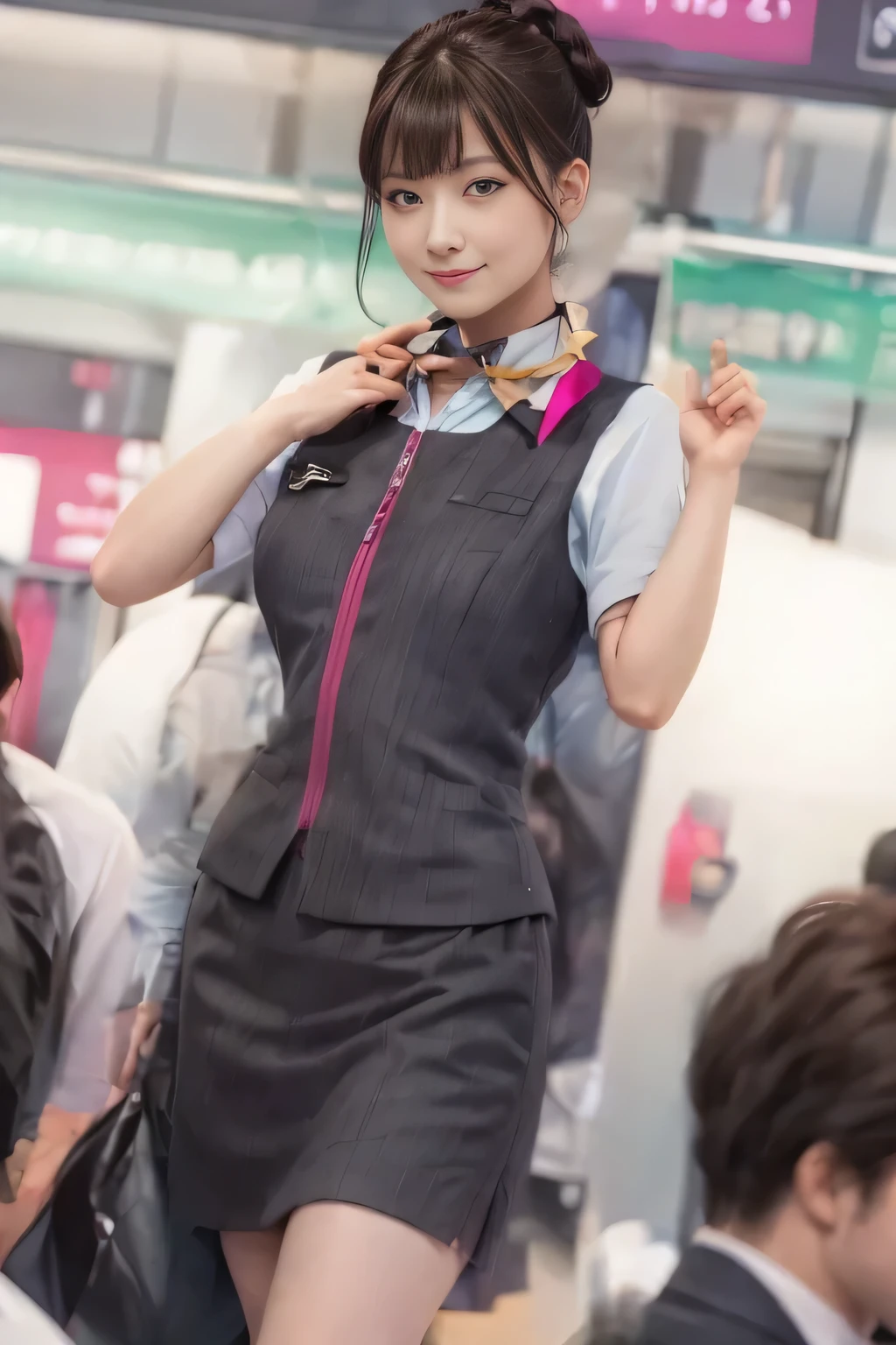 (masterpiece:1.2, Highest quality:1.2), 32k HDR, High resolution, (alone、1 Girl)、（Ride the bullet train、Professional Lighting）、Background in the car、（Realistic style of JR Gran Class crew uniform）、Short sleeve blouse、a scarf around the neck、（JR Gran Class flight attendant uniform with pink parts on the skirt sleeves）、（The uniform of a flight attendant in JR Gran Class has a pink line on the front zipper of the vest.）、Dark brown hair、（Hair tied up、Hair Bun、Hair Bun）、Dark brown hair、Long Shot、Big Breasts、（（Great hands：2.0）），（（Harmonious body proportions：1.5）），（（Normal limbs：2.0）），（（Normal finger：2.0）），（（Delicate eyes：2.0）），（（Normal eyes：2.0））)、Luxury Necklace、smile、Beautiful standing posture,