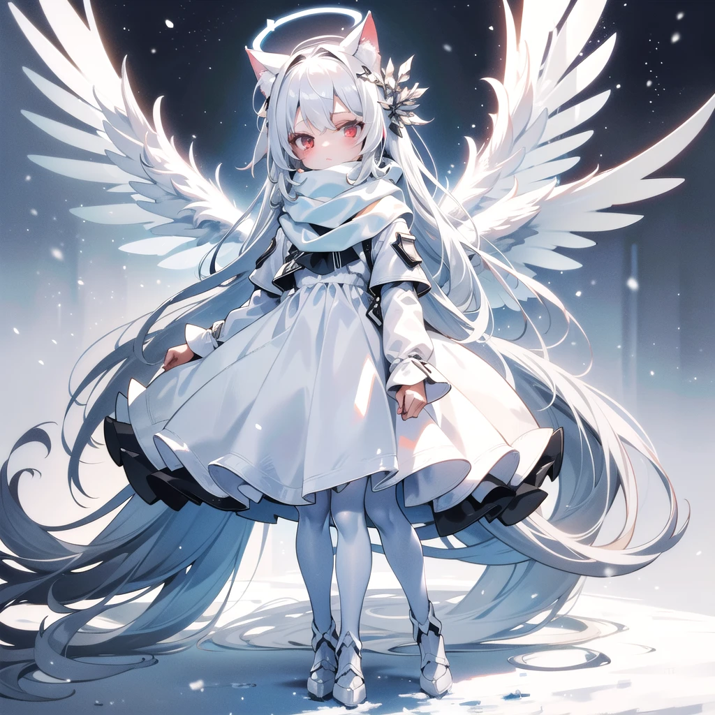 masterpiece, highest quality, highest resolution, clear_image, detailed details, White hair, long hair, cat ears, one girl, red eyes, white pantyhose, sci-fi military clothing, white scarf (white scarf with a light blue glow), gray futuristic halo (gray halo over the head), white wings (4 wings), cute, full body, no water marks, snow (falling snow)